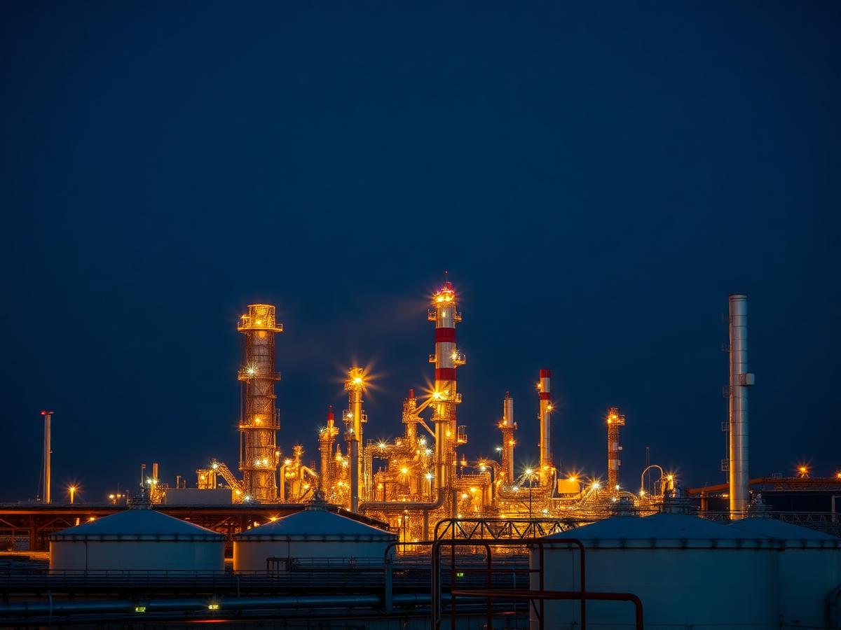 Petroleum refinery and storage tanks at dusk